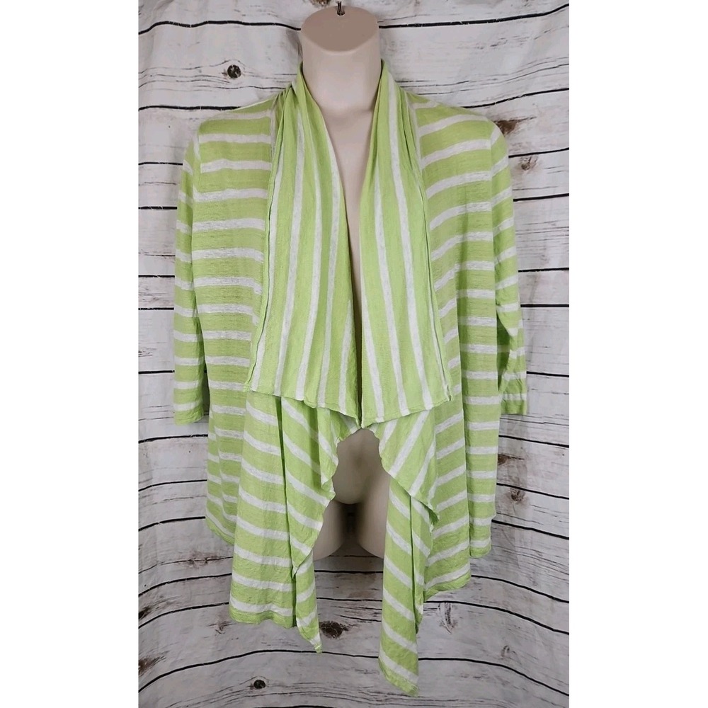 J Jill Green Striped Linen Sweater Cardigan 1X Draped 3/4 Sleeves Open Front